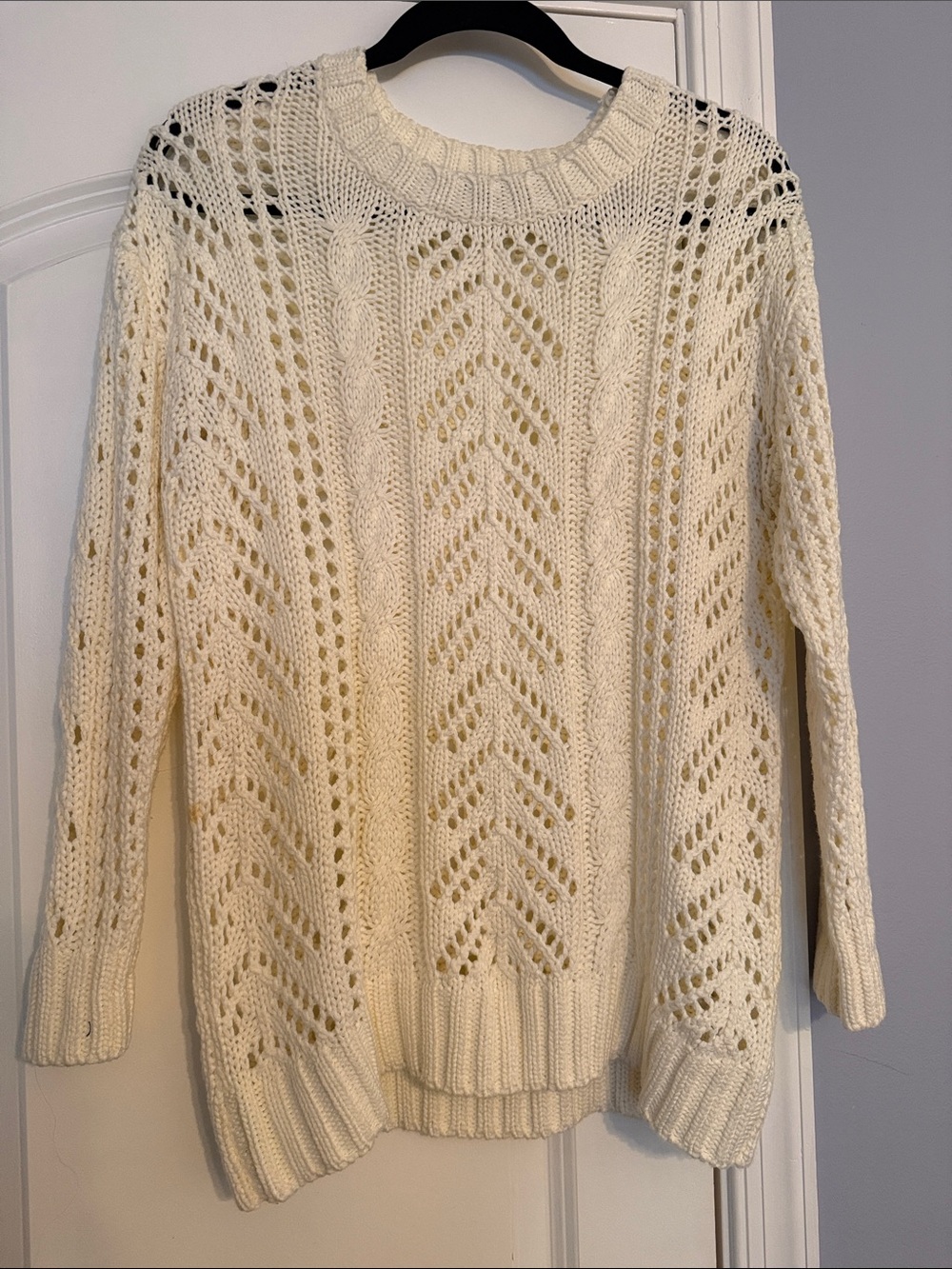 dee elle Cream Open-Knit Cable & Lace Crew Sweater